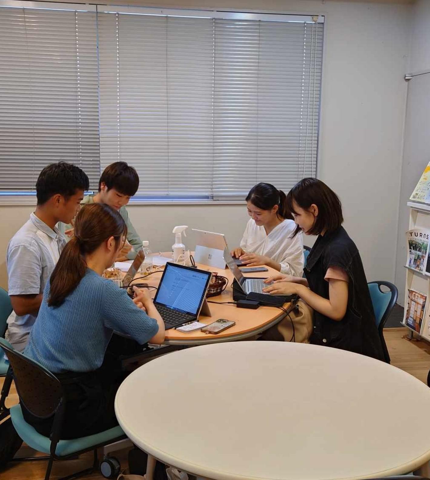 セミナー室の円卓で5人の男女の学生が話し合いをしている様子